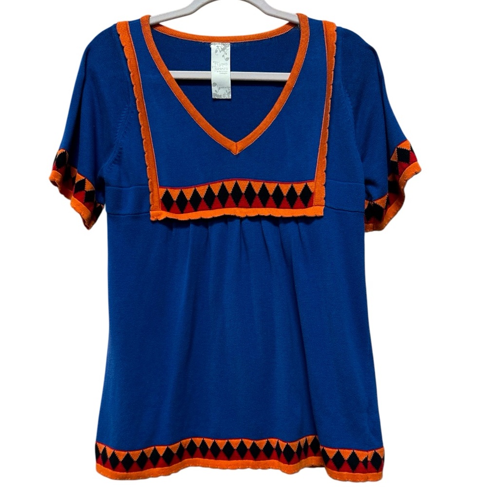 Flying Tomato Retro Inspired Geometric Trim Top in Blue Orange Black Size Large